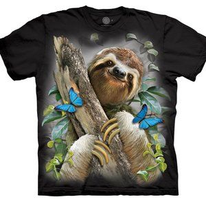 The Mountain Sloth Lazy Hanging Slow Butterflies Cotton Black Adult T-Shirt S-M